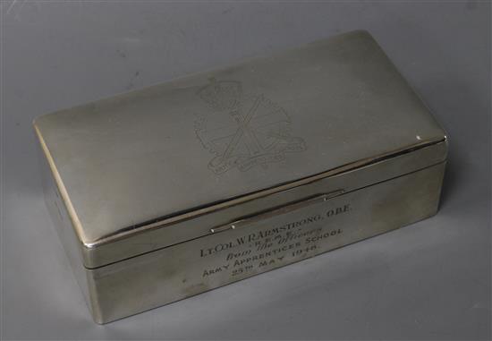 A George VI silver cigarette box, the top inscribed Army Apprentices School